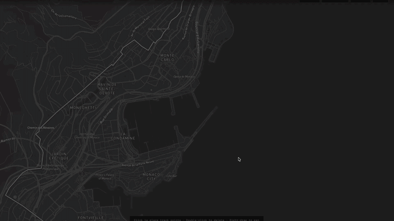 RaceTrackDesigner in action — designing a circuit with speed zone colours on a live map