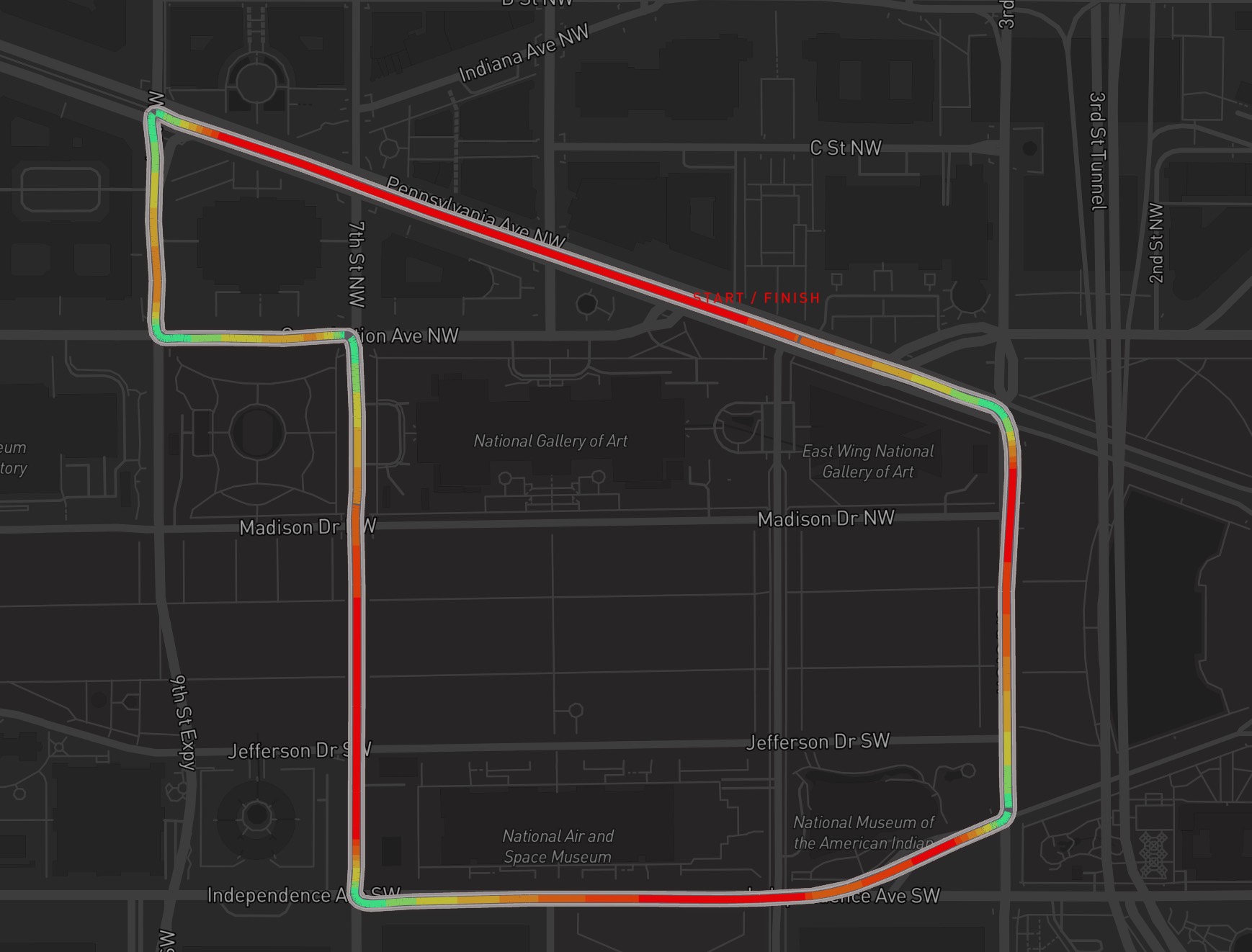 Freedom 250 Grand Prix track layout telemetry view showing peak speeds on the Pennsylvania Avenue straight and the slow 9th Street corner complex